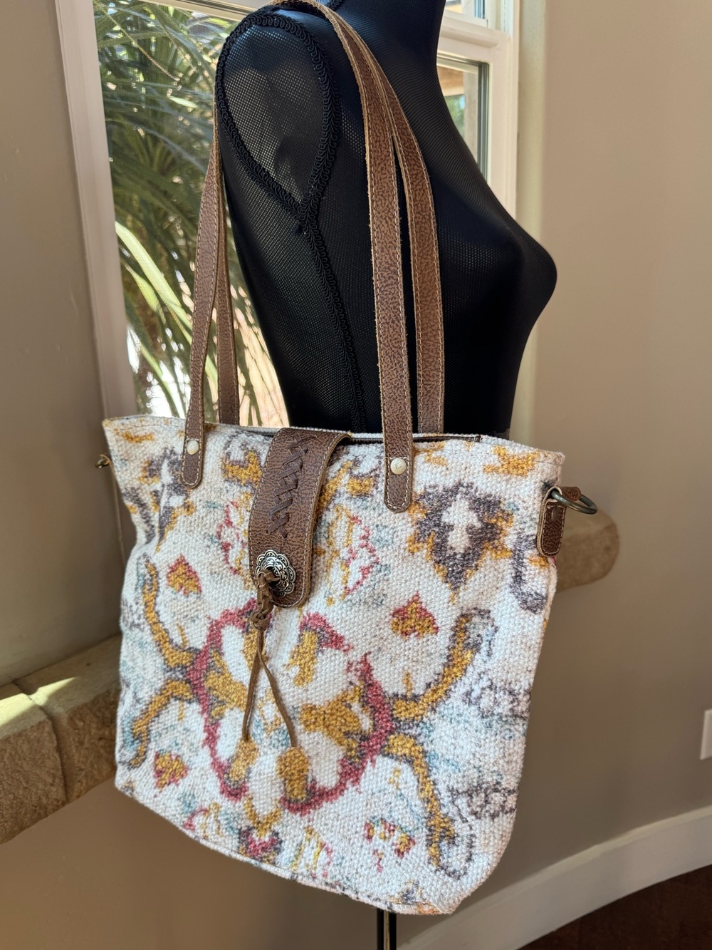 Myra Whimsical Boho Shoulder Bag Floral Tote Bag W/Leather Trim - Picture 3 of 16